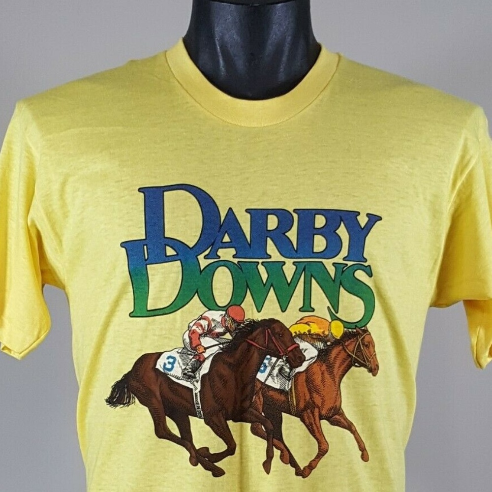 VTG 80s Darby Downs Ohio Horse Racing T Shirt XL Single Stitch Yellow NOS